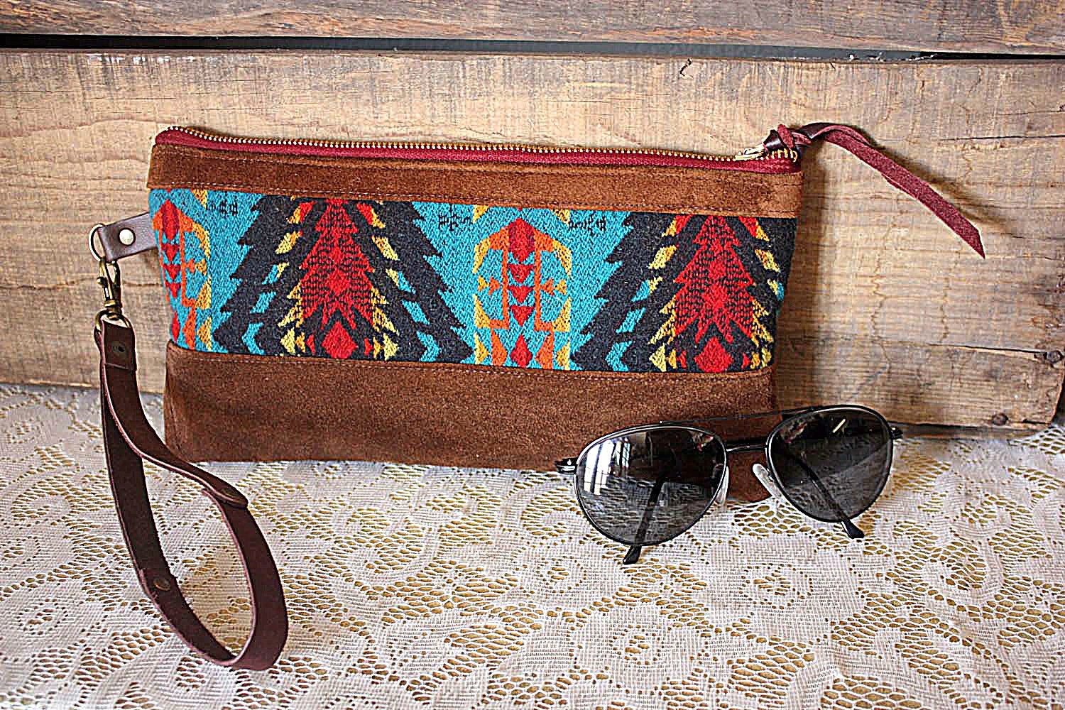 Pendleton wool & Suede Clutch/ Wristlet - Ipod pouch/ Iphone pouch - Spring/summer look// navajo look---READY
