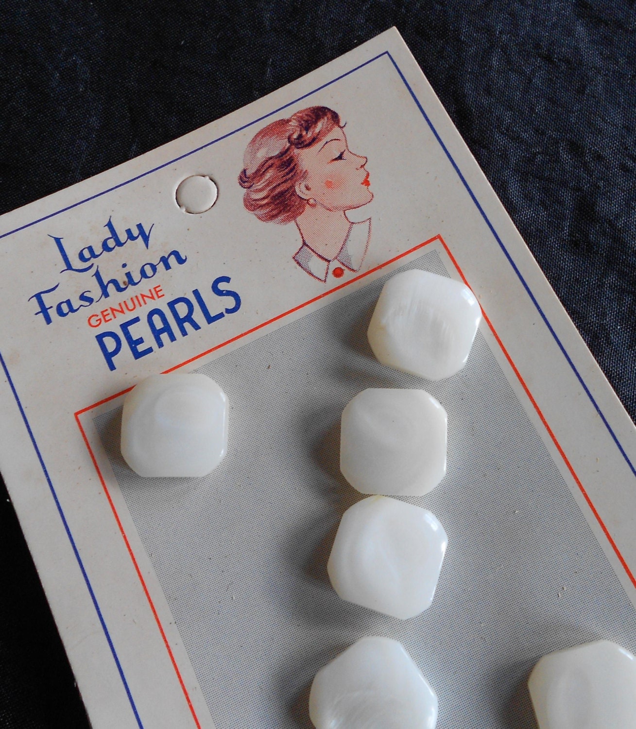 Vintage 1940s Lady Fashion Square Figural Shaped Buttons Unused White Mother of Pearl Sewing Notions on Card with Graphics of Art Deco Woman