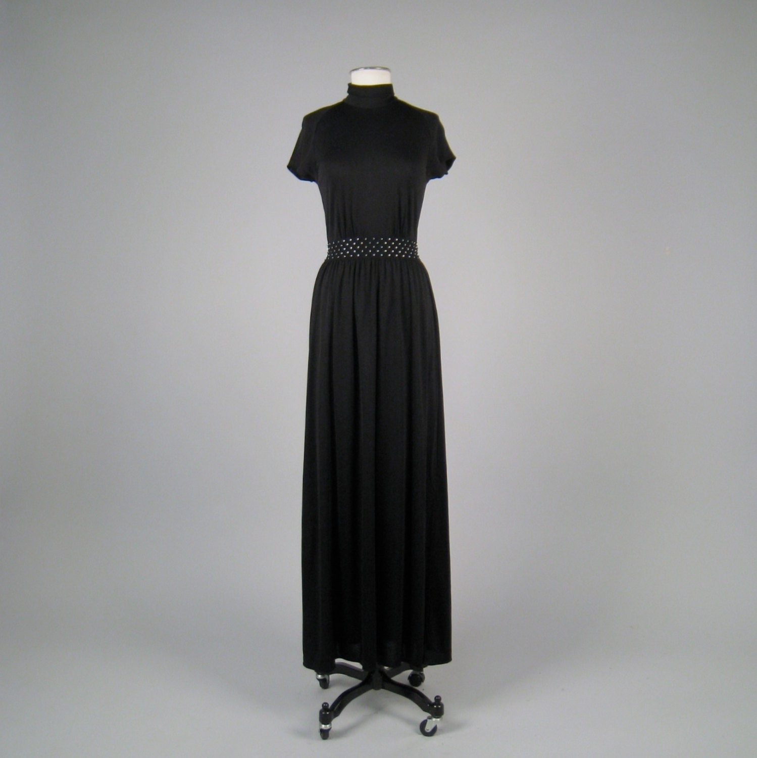 SALE SALE SALE Vintage 1970s black jersey maxi dress with rhinestone waistband