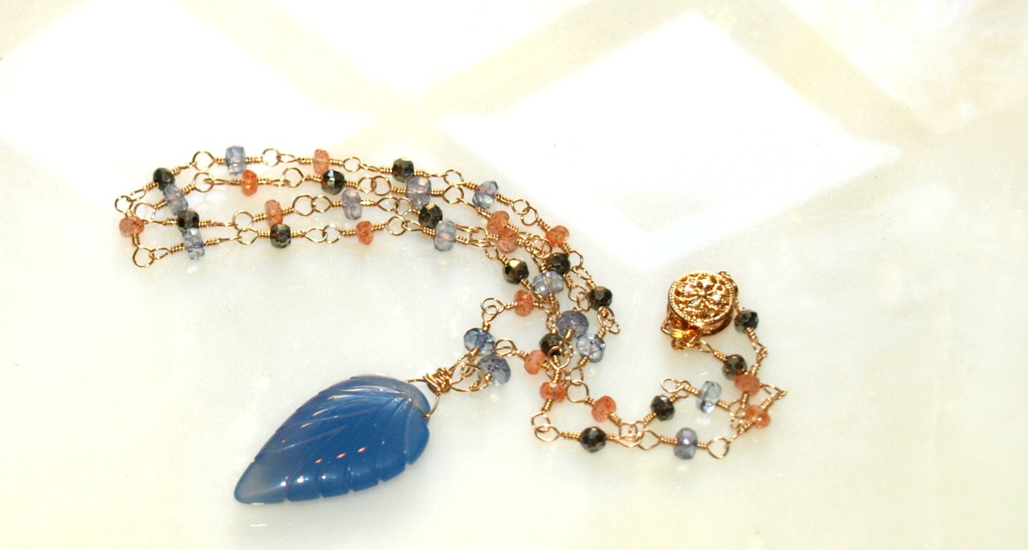 OOAK Tropical Sands Cobalt Blue Chalcedony Leaf Pendant Tanzanite Topaz Sunstone Pyrite Wire Wrapped Necklace Handmade Chain 14K Gold Filled