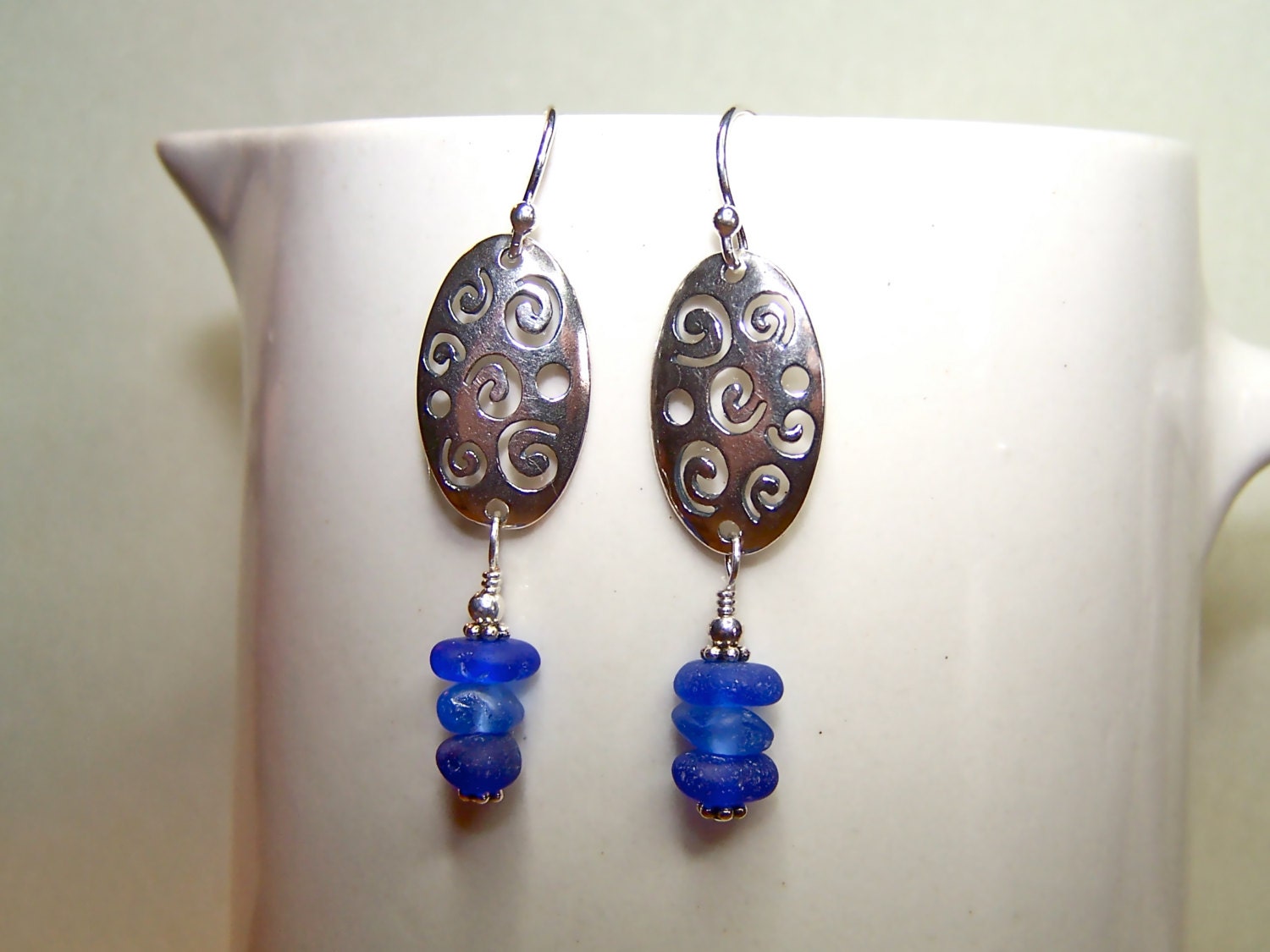 Sea Glass Earrings - Sea Glass Jewelry - Blue and Silver Dangle Earrings with Beach Glass - Wire Wrap - Handmade