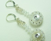 Elegant Earrings - White/Silver Beadwork & Freshwater Pearl with Embedded Swarovski Crystal in Sterling Silver Leverbacks-Wedding Bridal