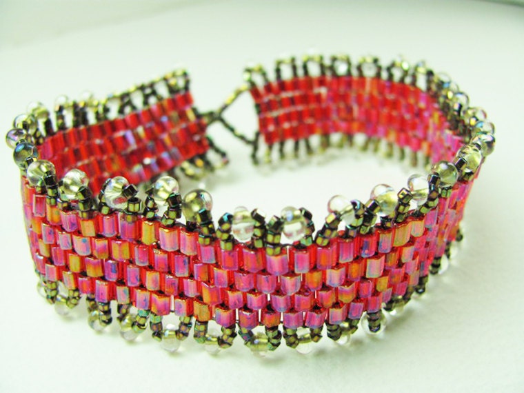 Bracelet Beadwork Beadweaving Red AB Seed Bead with Picot Trim - SRAJD