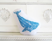 Plush Whale Pillow in Blue. Woodblock Printed. Customizable Colors. Made to Order.