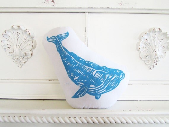 Plush Whale Pillow in Blue. Woodblock Printed. Customizable Colors. Made to Order.
