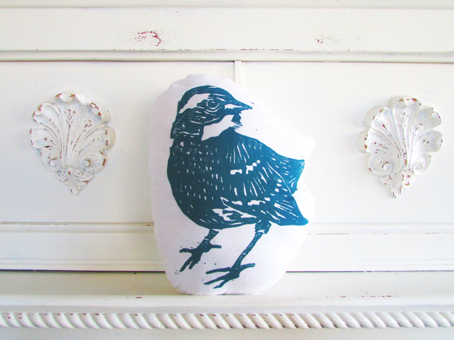Plush Spring Bird Pillow. Woodblock Printed. Customizable colors. Made to Order.