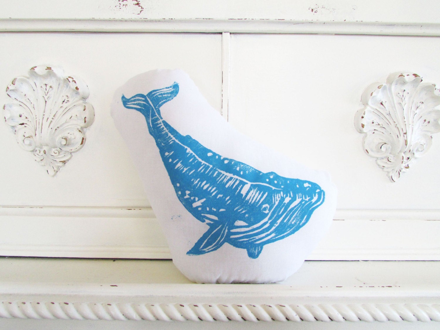 Plush Whale Pillow in Blue. Woodblock Printed. Choose ANY Color. Made to Order.