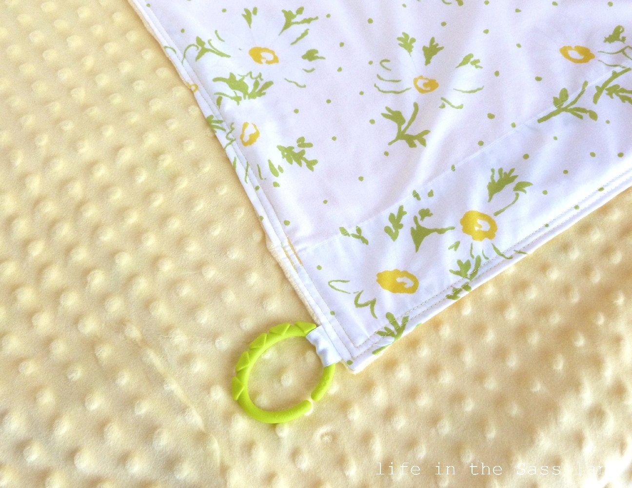 Vintage Daisies Baby Blanket Made from Reclaimed Pillowcase and Minky Dots Fabric Yellow, Green and White Flowers and Polk Dots