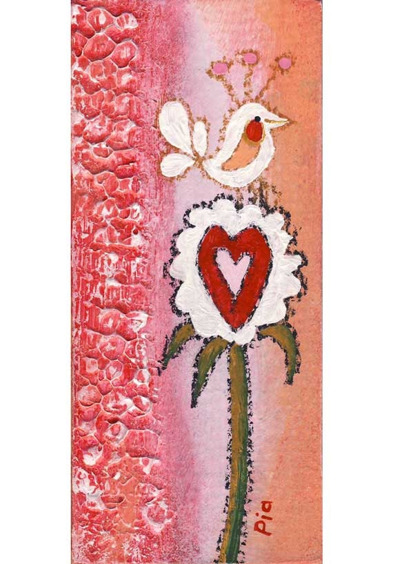 come sit with me, original art, heart flower bird, whimsical painting, 5 x 2.25 inches, rich texture, orange red pink
