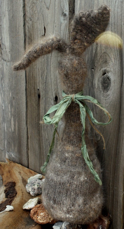 RUSTIC Knit Bunny Rabbit Primitive Folk Art....Merino Wool and Cat Hair Yarn, Sari Silk, Jute and Angora