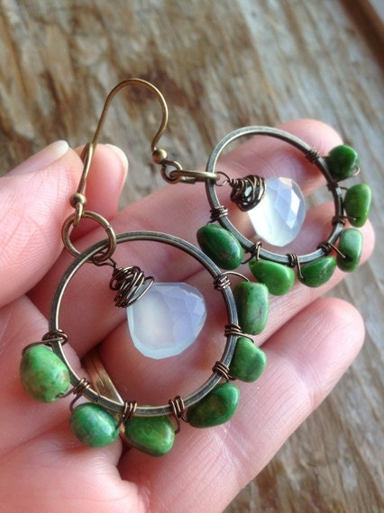 green turquoise bohemian earrings wire wrapped hoops country boho chic rustic dangle gift cowgirl statement
