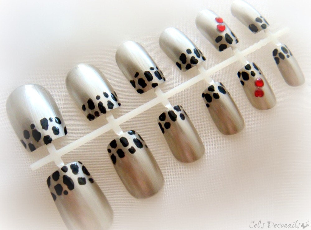 Cheetah French tipped metallic nails, animal print false nail set, gyaru nail