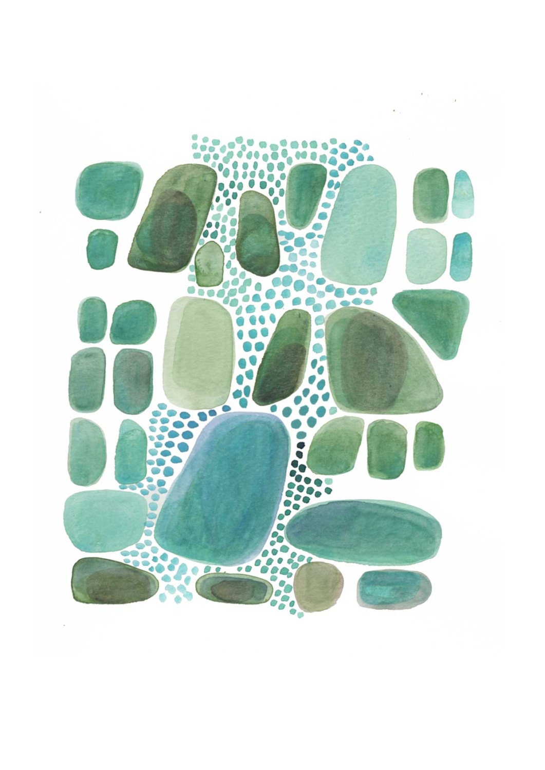 Green Pebbles connected Giclee print of watercolor painting nature inspired emerald  green pebbles
