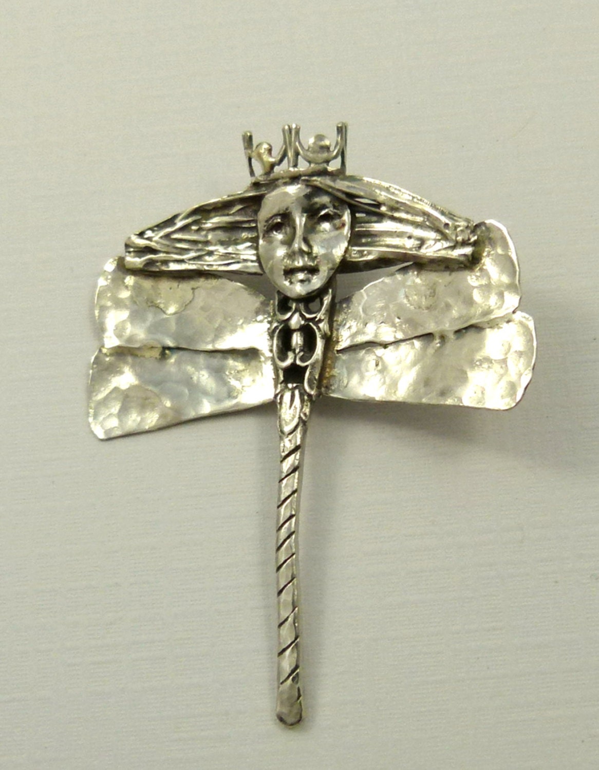 Dia The Dragonfly Girl Opens Her Wings To Life - Up Cycled Sterling, Sterling Silverware, And PMC - Art Jewelry Pendant - 1116