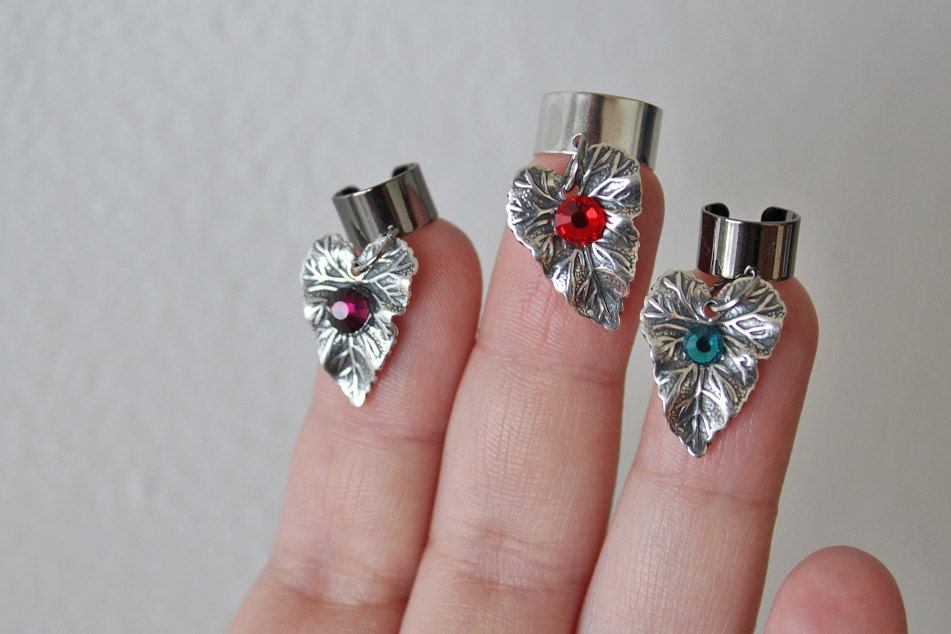 NEW DESIGNS - Lord of The Rings - Elven Ear Cuffs - Silver Leaf & Swarovski - NO Piercing needed