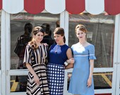 the megan dress vintage 70s 80s striped black tan white medium large a line dress day dress casual