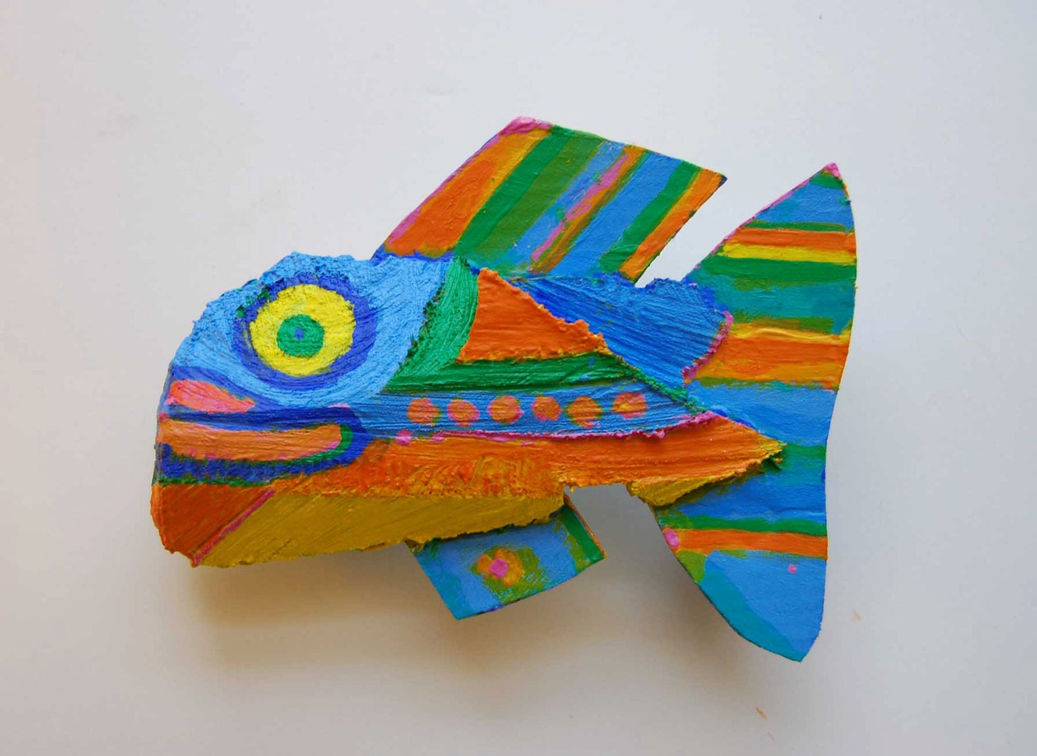 Fish Art - Whimsical Handmade Original Colorful Orange, Yellow, Blue Painted Wood Funky Fish - Lake House, Bath, Kids room Wall Decor