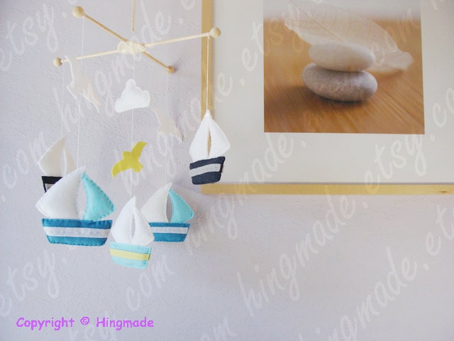 Baby Mobile - Nursery Decor - Baby Shower Gift - Hanging Sailboats Mobile - Aqua Ocean Turquoise Sailboats Themed(Custom color available)