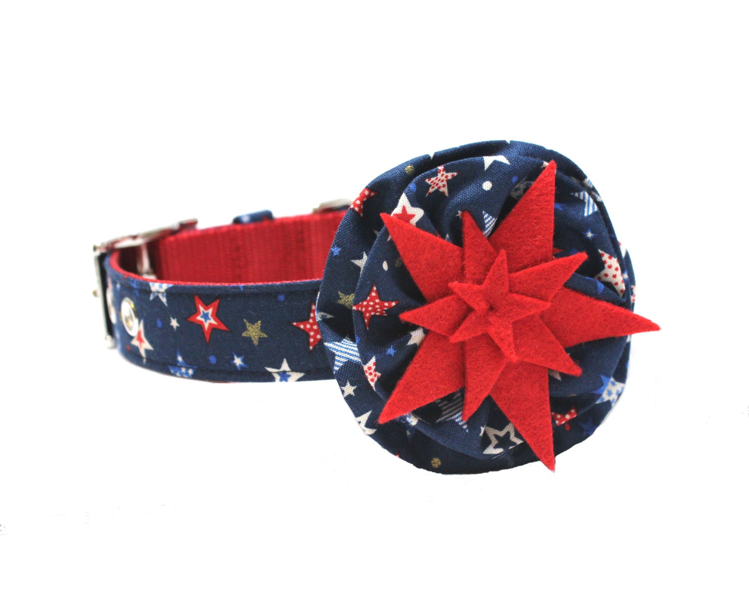 Flower Dog Collar- 4th of July Navy Blue and Red Shooting Stars