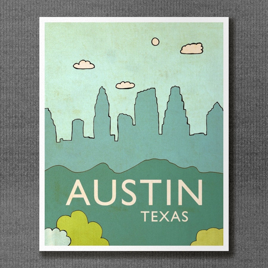 Children Home Decor Nursery Art Print -Austin No.6 - 8x10 Skyline Illustration and Typography City Travel Cityscape Landscape Art Print