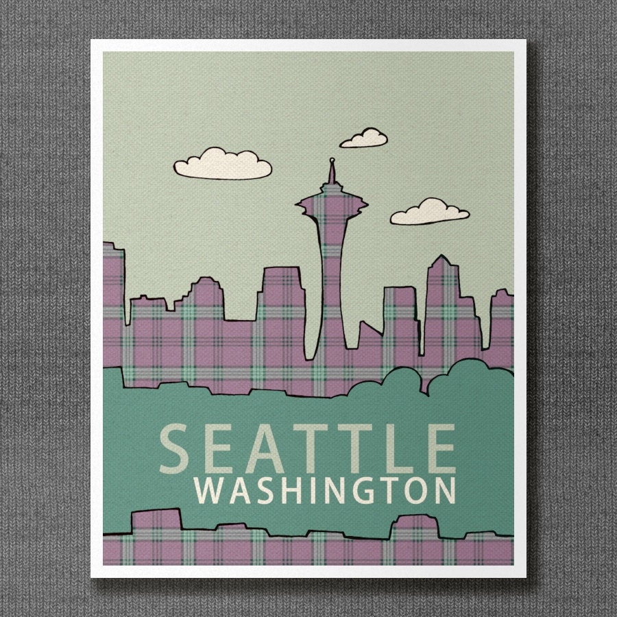 Seattle in Plaid 8x10 / Modern Loft, Nursery Decor, City Skyline Poster, Typography Print, Giclee, Grunge Music, West Coast, 90s Flannel