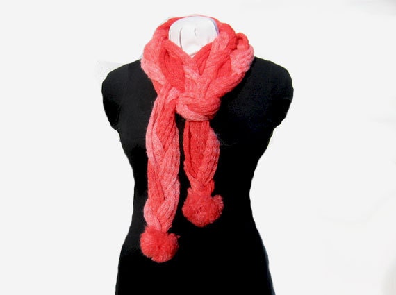 Hand Knit Braided Scarf Cables Coral Acrylic Mohair Blend Tangerine