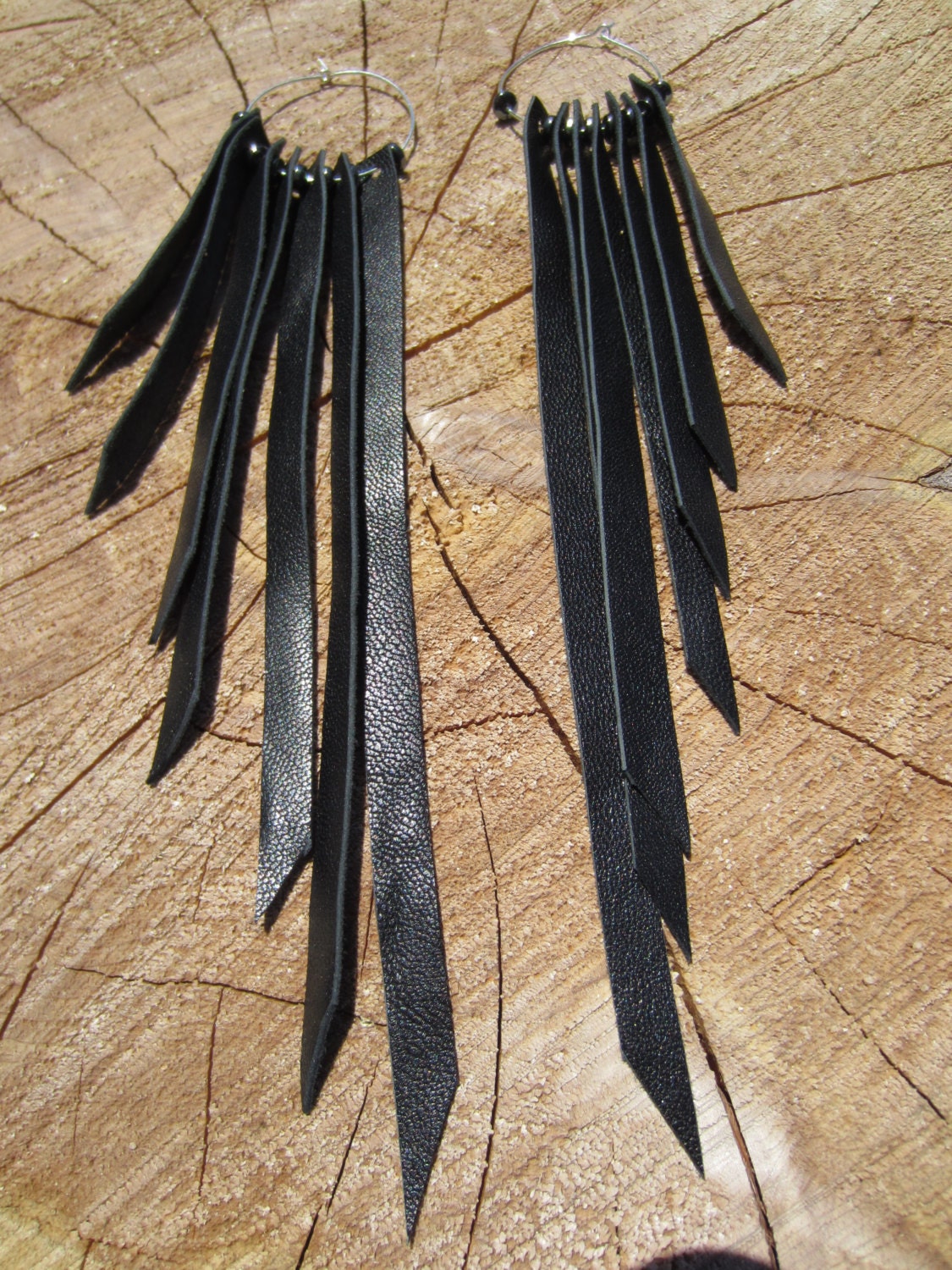 Hematite Leather Fringe Earrings Urban Warrior Long Chandelier Dangle Bohemian Jewelry