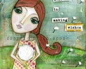 Mixed Media Art: Wishful Girl 8x10 print - Whimsical Art, Folk Art, Inspirational Art, Wall Art, Girl Art - red, orange, aqua, green