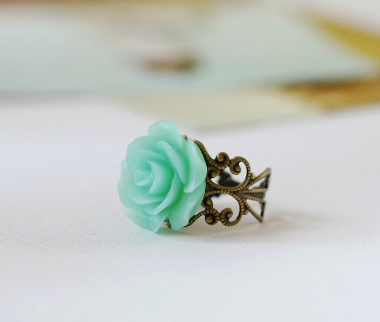 Mint Green Flower Ring Seafoam Green Floral Cocktail Ring. Victorian Style Brass Filigree Adjustable Rose Ring. Bridal Party Bridesmaid Gift