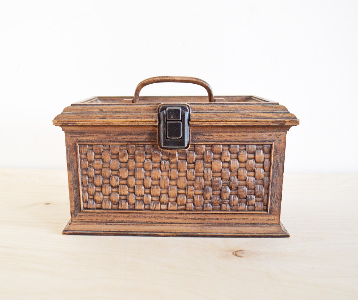 Vintage Plastic Box Faux Bois Basketweave Sewing Box Storage Organization Organizer Craft Box Recipe Box Lerner Brown
