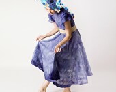 Blue flared dress, navy dark blue felted dress, wool dress, fashion dress, sundress with beige felted belt wedding idea, OOAK