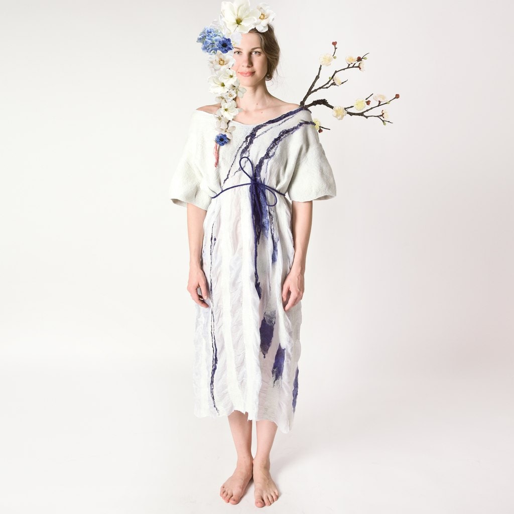 Air dress, nunofelting, blue, tender blue abd dark blue, silk and wool dress, fashion dress, wedding idea, free size, OOAK