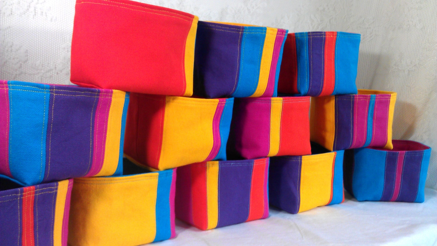 Mini Fabric Container - Striped Canvas Basket - Storage Organizer