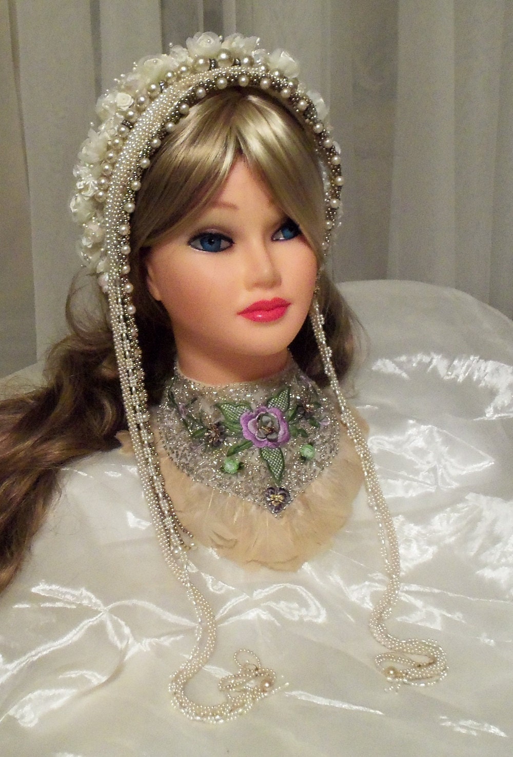 Beaded Crown Headband, Fully Beaded Head Piece with long beaded tendrils, Face Framing Wedding Accessory.