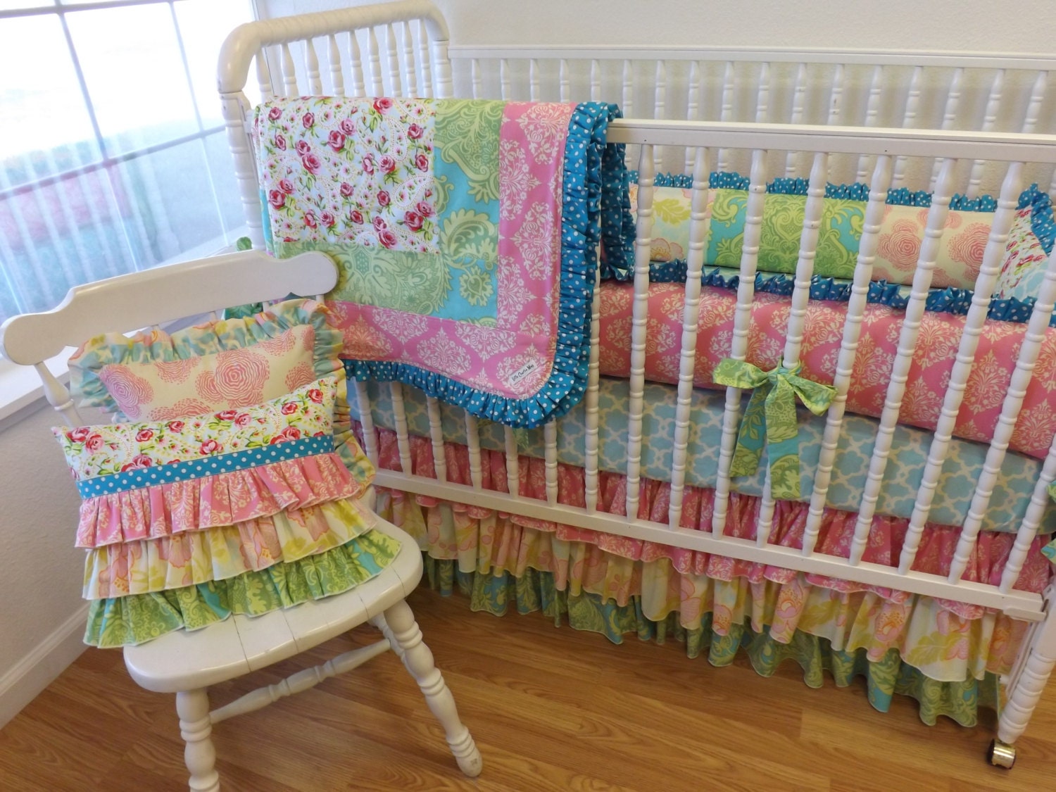MADE to ORDER--- Shabby Chic Crib Bedding- 4 pc--Baby Bedding