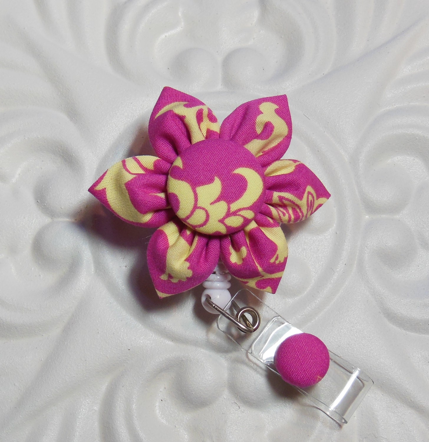 Retractable Id Badge Holder Flower ID Badge Reel   Fuchsia And Butter Yellow