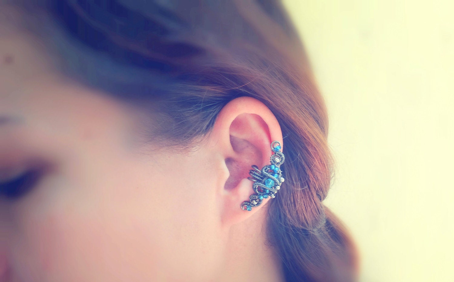 Victorian Ear Cuff Earring With Blue Glass Beads