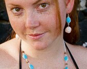 Puka Shell Necklace, Turquoise Gemstone Jewelry, Sterling Silver, Hawaii Beach Jewelry, Gift for Her