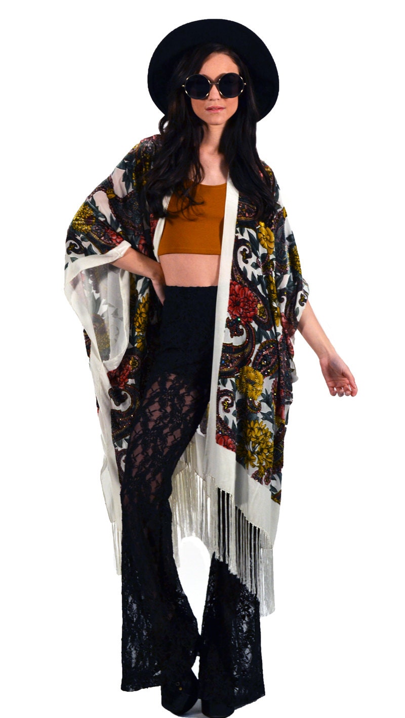 White Floral Paisley Velvet Burnout Gypsy Beaded Fringe Kimono Duster