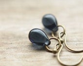 Small Blue Earrings - Simplistic Petite Sapphire Dark Navy Brass Drop Czech Glass Handmade Nautical Jewelry Gifts for Her.