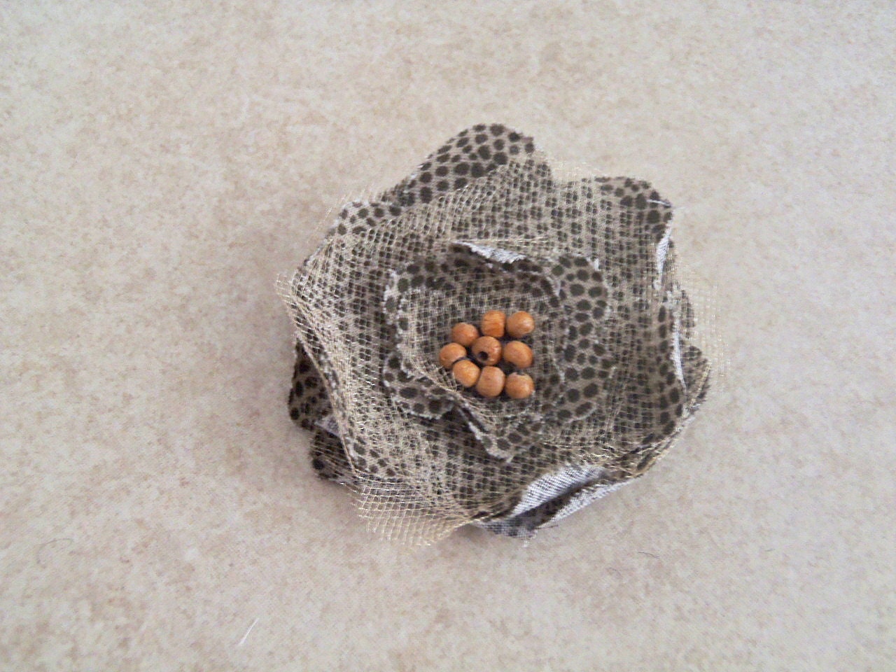 Brown and Tan Animal Print Fabric Flower Brooch Pin with Beaded Accenting - Great Spring Accessory