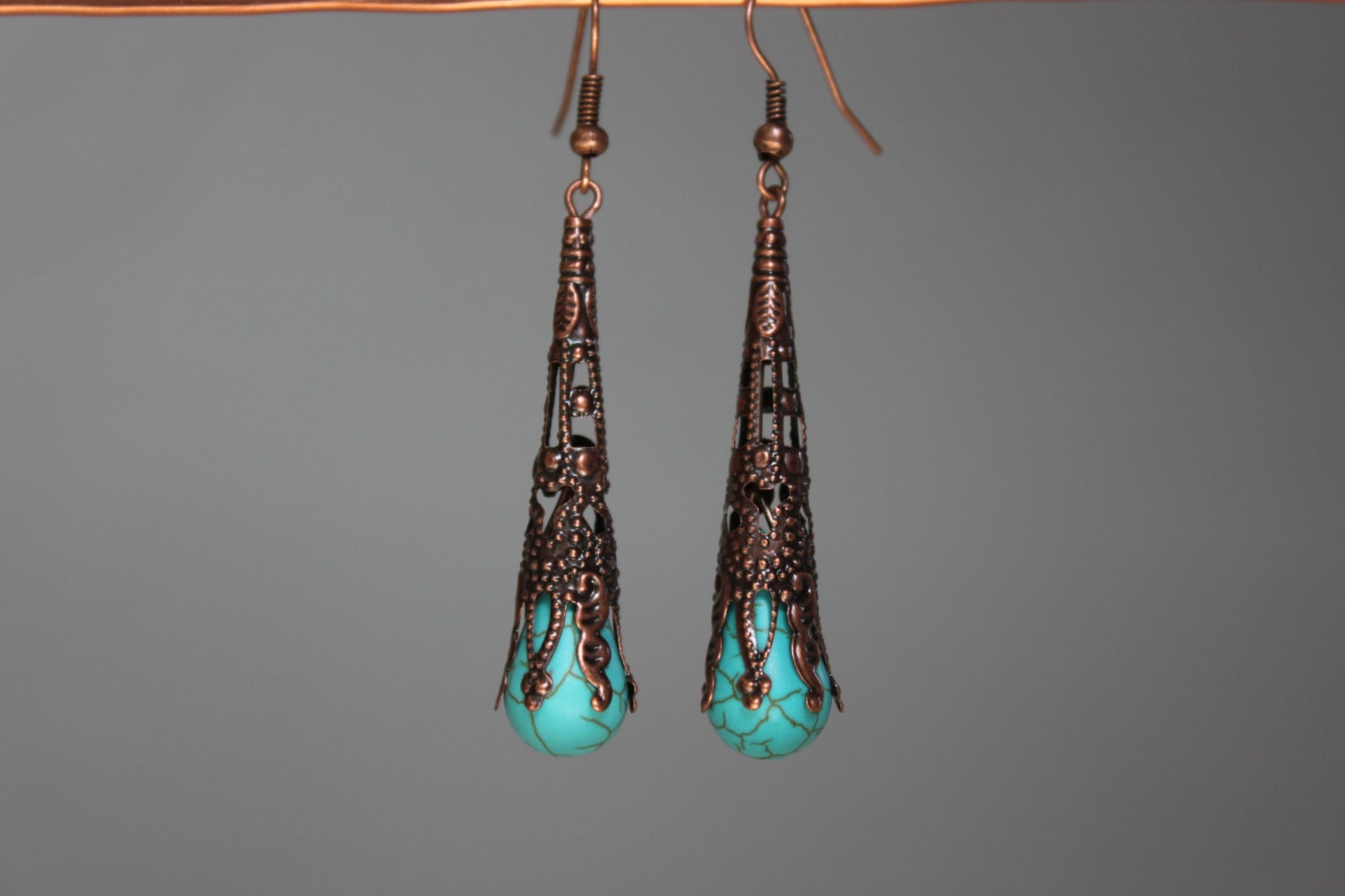 sale Turquoise Earrings - Blue earrings - Vintage earrings - Antique Copper earrings - Filigree Earrings - Dangle Earrings