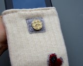 White Kindle fire sleeve cover with pocket upcycled with heart and vintage buttons with felt lining hand and machine sewn