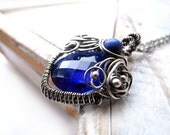 Blue Quartz Necklace - Lapis Lazuli Necklace - Silver Wire Wrapped - Cobalt Heart Stone - Fantasy Fairytale - Royal Blue - Romantic Necklace