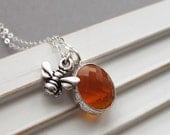 Bee necklace, honey amber glass jewel, sterling silver chain