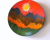 50s VINTAGE MID CENTURY Enamel Copper Decorative Plate Fabulous Modern Abstract Art  Mountain Scene Colorful Rainbow Pattern Seagulls Sun