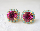 Pink Swarovski crystal stud earrings, Bridesmaids jewelry,  Crystal hot pink stud earrings, Bridesmaid earrings