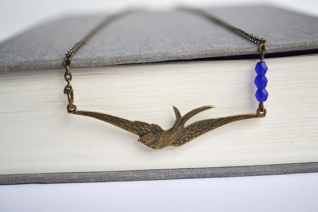 Flying Swallow Bird Necklace, Cobalt Blue Czech Beads, Free Flying Swallow Sparrow Bird Necklace, Bird Jewelry Canadian Shop