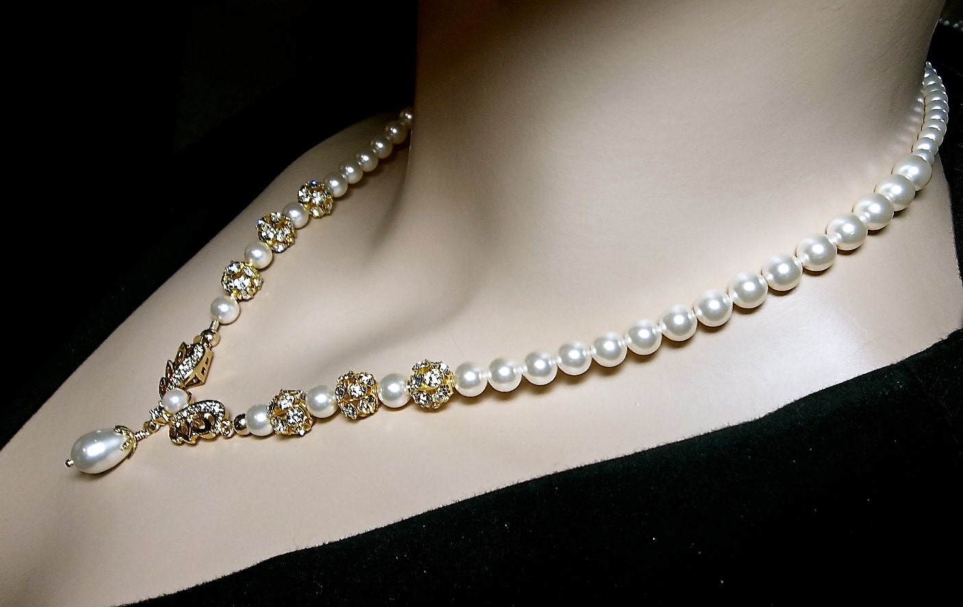 Pearl Necklace - Ivory/cream  - Angels wings - Gold Crystal Fireballs - Unique - Statement Necklace -