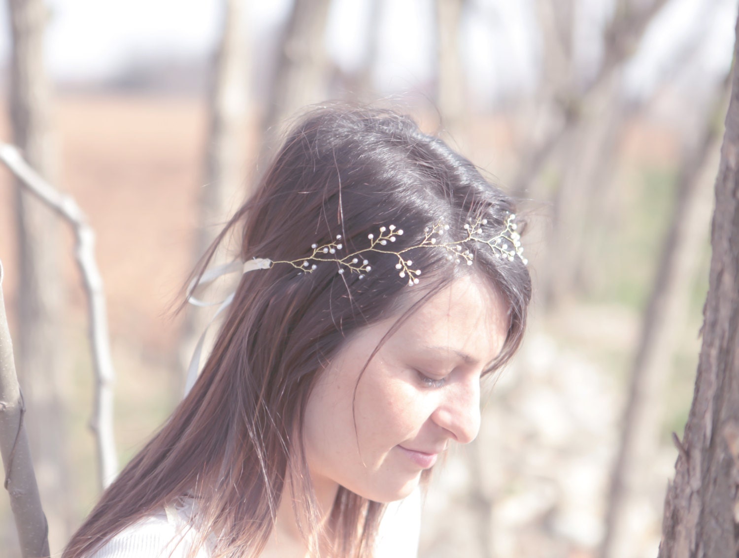 Bridal hair vine, Greek headband with pearls, Grecian inspired, pearl leaf - gold or silver - ADELINE